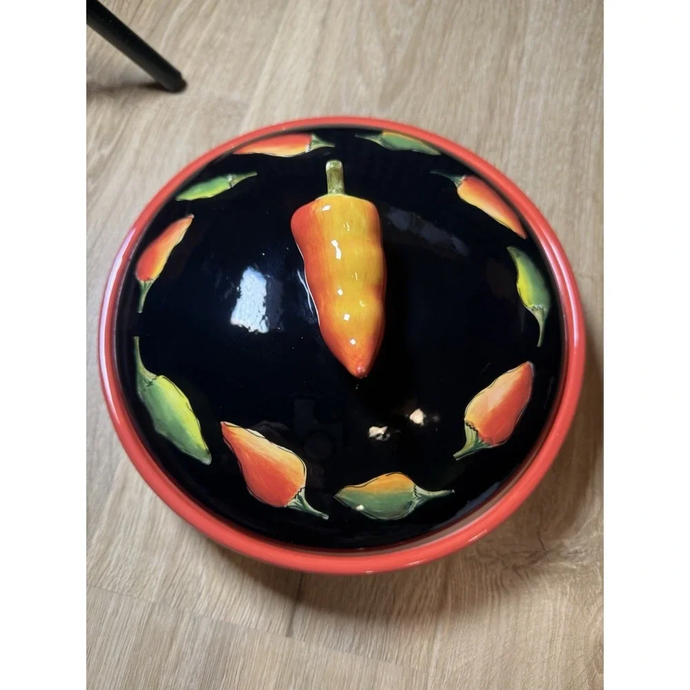 Clay Art Fiesta Yellow Green Red Peppers Black Lidded Covered Tortilla Warmer - Picture 4 of 10